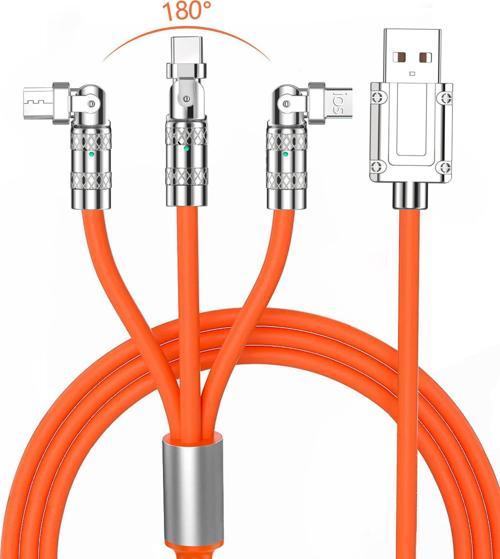 120W-E 6A 3in1 Apple Type-C Android 180 Derece Sıvı Silikon Data Hızlı Şarj Kablosu - Bakır Döşeme - Katlanmaz