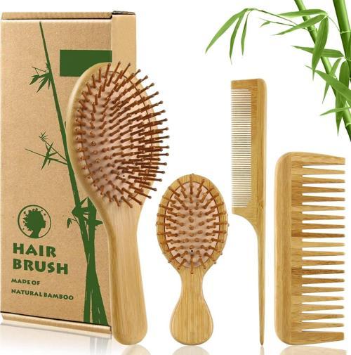 4 Adet Doğal Bambu Fırça Tarak Seti %100 Bambu Orjinal Set