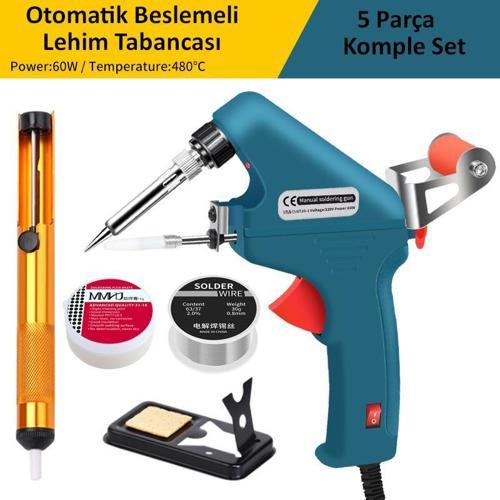 5 Parça Tetikli Otomatik Beslemeli Havya Lehim Tabancası Seti - 60W 480°C Yeni Nesil Seramik Isınma - Tek El Ku