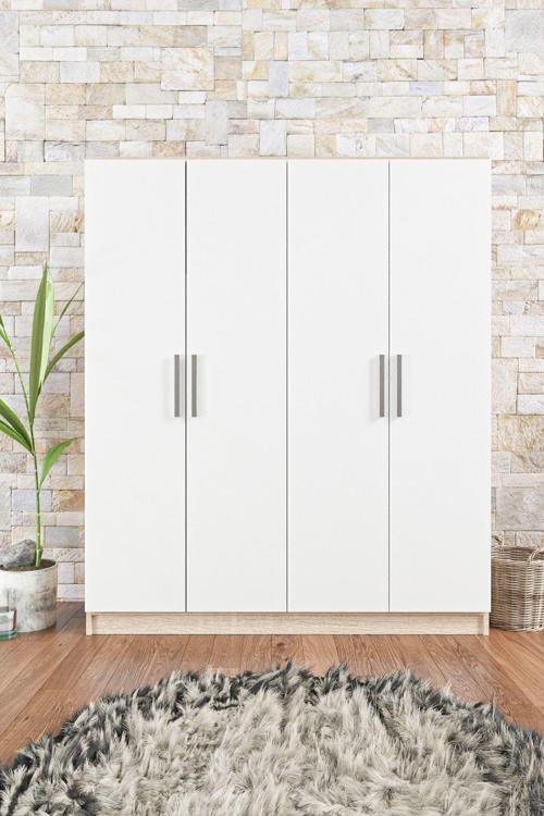 Ae-1059 Milano Beyaz Sonomo 4 Kapaklı Gardırop 11 Raflı 2 Askılıklı