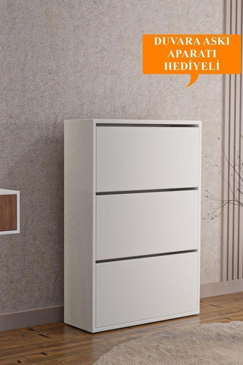 Ae-1078 Vizyon Ayakkabılık Duvara Monte Edilebilir, Beyaz Düşer Kapak, 3 Kapaklı, 6 Raflı, 110 Cm