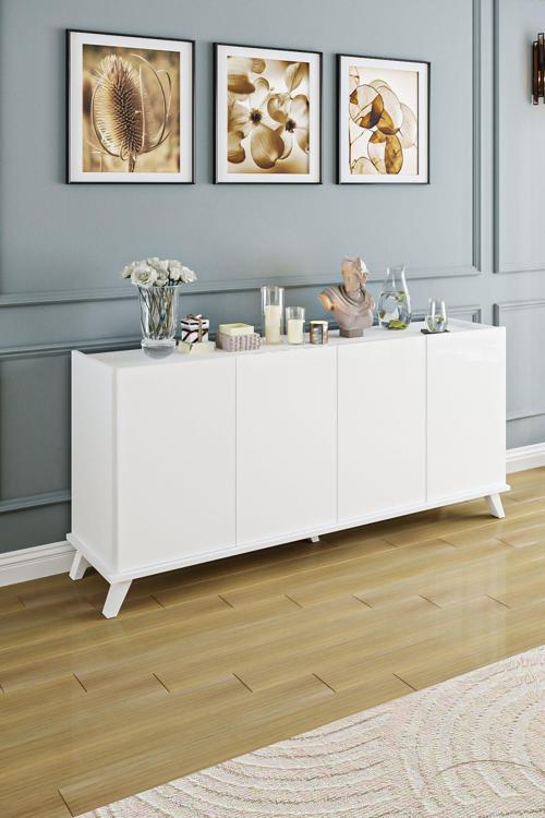 Ae-2056 Akel Beyaz 4 Kapaklı Geniş Konsol 180 Cm Ayaklı,Raflı, Yemek Odası, Tv Sehbası, Modern,