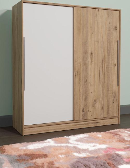 Ae-4001 Zambak Sürgülü Dolap Çok Raflı Çekmeceli Askılı Çam Kasalı (Beyaz-Çam Kapaklı) Gardırop