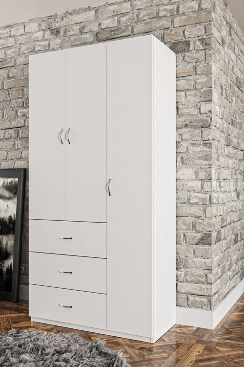 Beyaz Polo 3 Kapaklı Raflı Askılıklı 3 Çekmeceli Gardırop Ae-1069