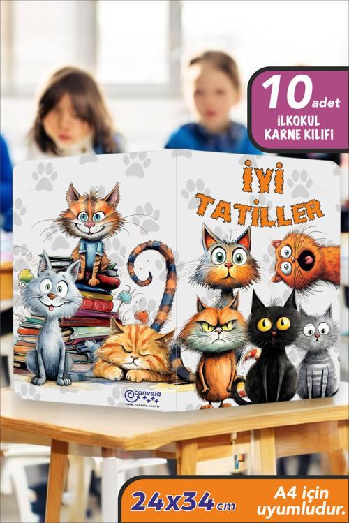 10 Adet Kedi Temalı A4 İlkokul Karne Kılıfı Kabı Karne Süsleme 24x34