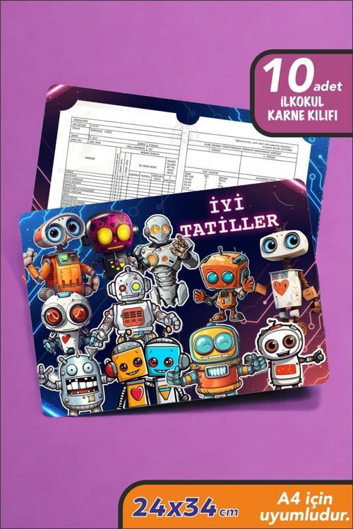 10 Adet Robotlar Temalı Ilkokul A4 Karne Kılıfı Karne Süsleme 24x34