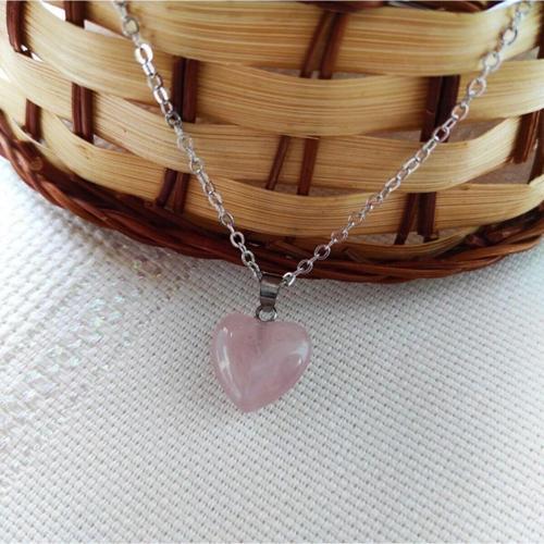 Doğal Kalp Kesim Pembe Kuvars Taşı Kolye Aksesuar Şık Hediyelik