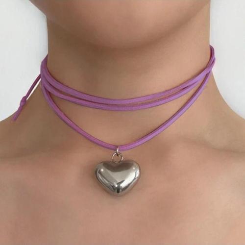 Vintage Big Heart Pembe İpli Silver Kolye Choker Aksesuar Takı Hediyelik