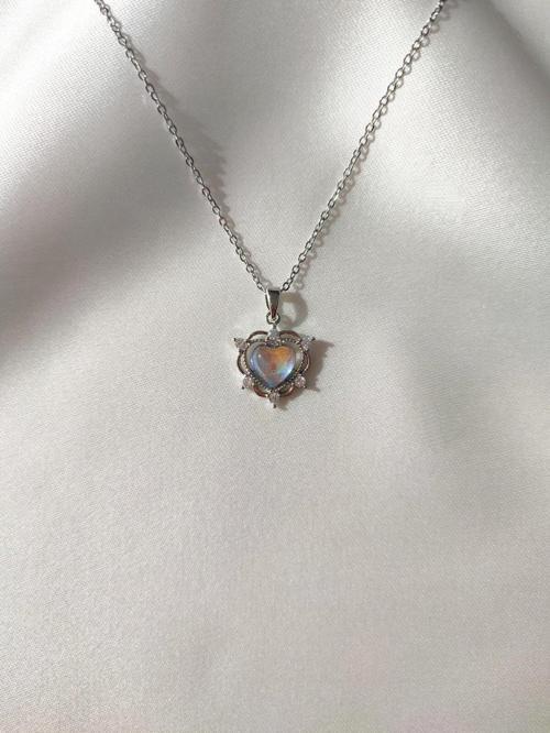 Kadın Paslanmaz Çelik Silver Opal Taşlı Kalp Kolye Hediyelik Şık