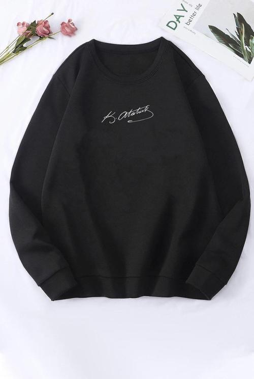 Unisex K.atatürk Imza Baskılı Bisiklet Yaka Sweatshirt