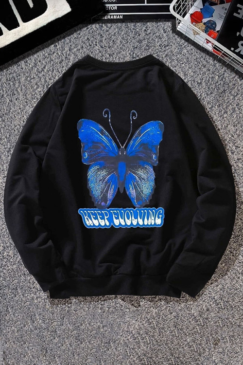 Unisex Butterfly Baskılı Bisiklet Yaka Sweatshirt