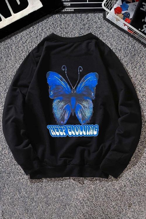 Unisex Butterfly Baskılı Bisiklet Yaka Sweatshirt