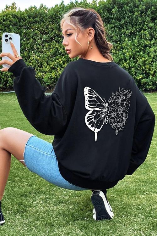 Unisex Drawing Butterflies Baskılı Bisiklet Yaka Sweatshirt