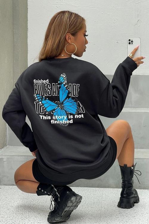 Unisex Kelebek Baskılı Oversize Bisiklet Yaka Sweatshirt Hoodie