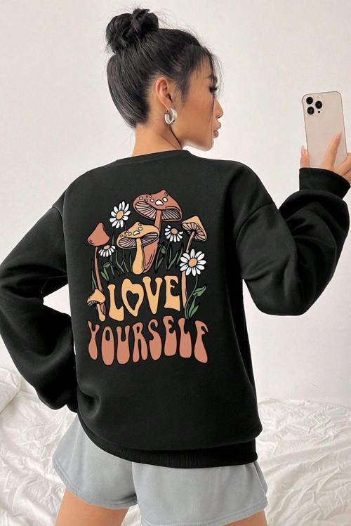Unisex Sevimli Kedi Baskılı Bisiklet Yaka Sweatshirt