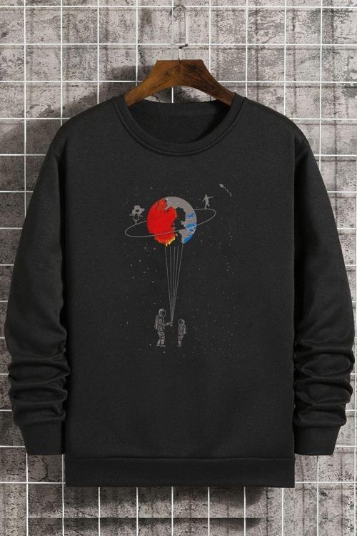 Unisex Evren Temalı Bisiklet Yaka Sweatshirt