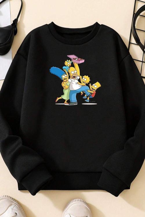 Unisex Sevimli Kedi Baskılı Bisiklet Yaka Sweatshirt