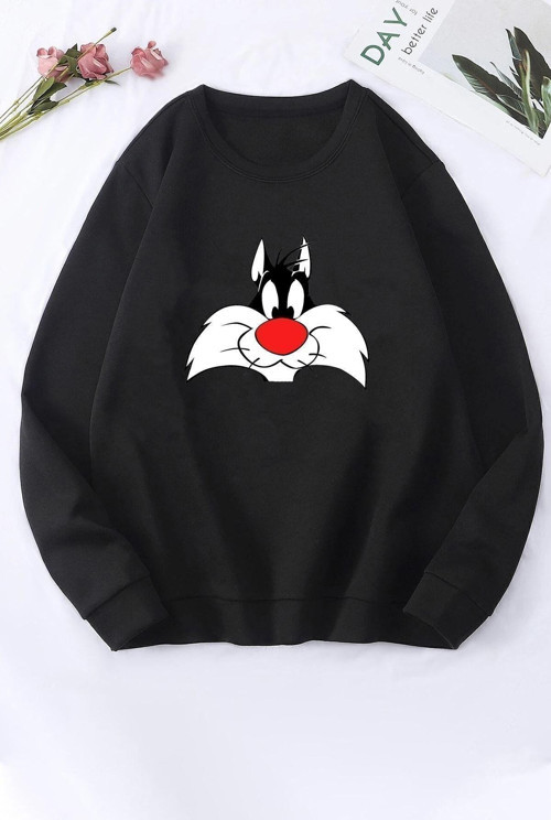 Unisex Sylvester Baskılı Bisiklet Yaka Sweatshirt