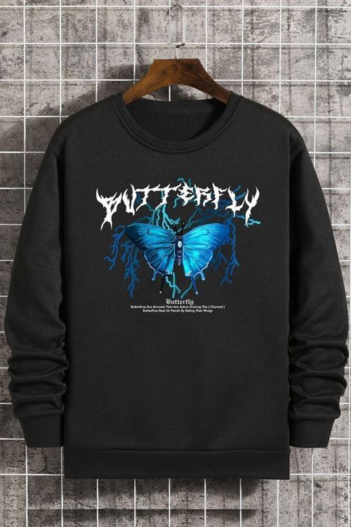 Unisex Blue Butterfly Bisiklet Yaka Sweatshirt