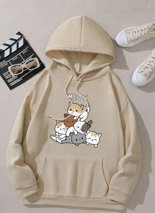Meow Tatlı Kediler Baskılı Oversize Sweatshirt