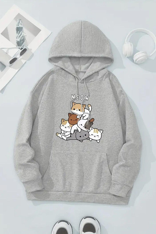 Meow Tatlı Kediler Baskılı Oversize Sweatshirt