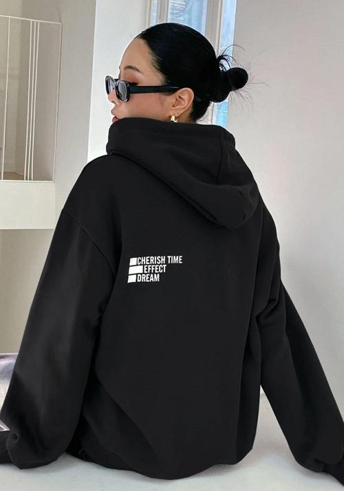 Butarz Unisex Siyah Cherish Time Baskılı Kapüşonlu Sweatshirt