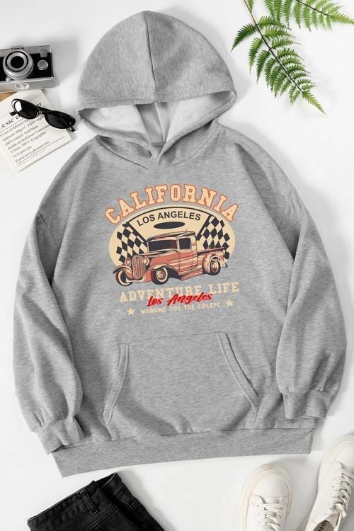 Unisex California Baskılı Kapüşonlu Sweatshirt