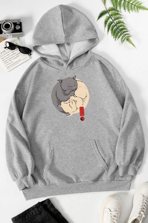Unisex Yin Yang Cats Baskılı Sweatshirt