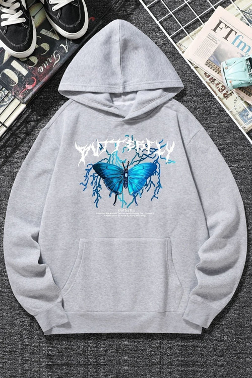 Unisex Blue Butterfly Baskılı Sweatshirt