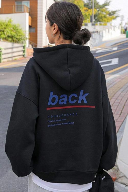 Unisex Siyah Back Youngchance Baskılı Kapşonlu Sweatsthirt