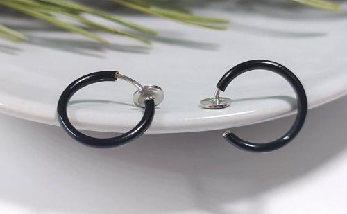 Çelik Siyah Renk Yaylı Sıkıştırmalı Halka Küpe, Kararma Yapmaz, 2 Li Set, 12 Mm