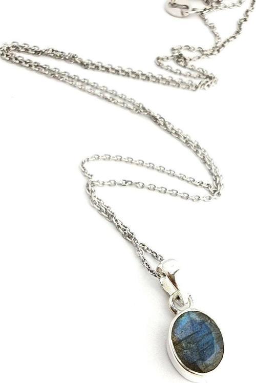 Labrodorite Taşlı 925 ayar Gümüş Tek Taş Doğal taş kolye 