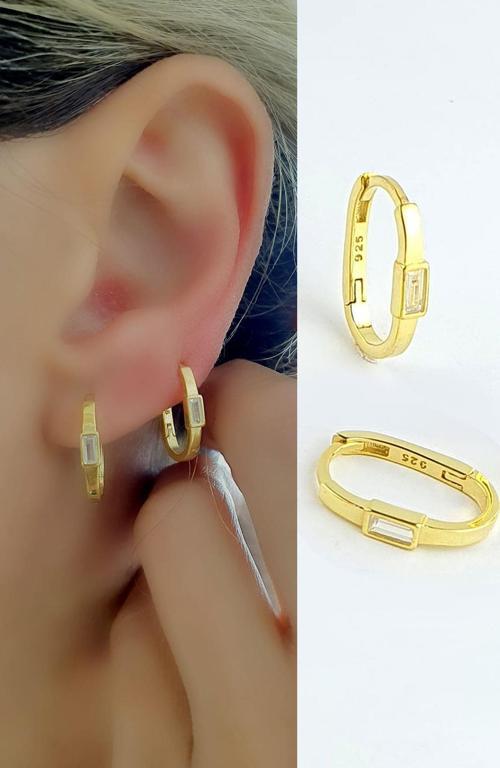 Baget Zirkon Taşlı 925ayar Gümüş Üzerine Altın Kaplama Luxury Tasarım Oval Halka Küpe 1.5cm 