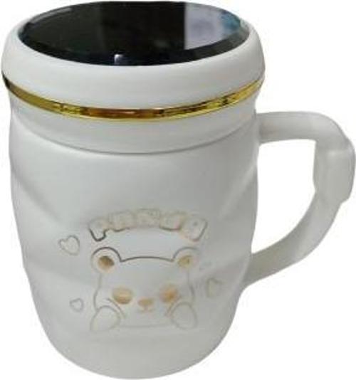 Ayna Kapaklı Panda Desenli Porselen Kupa Bardak Beyaz Kupa Bardak