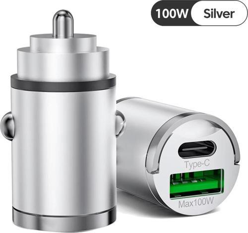 100W Mini Silver Çakmaklık USB Type-C Soketli Araç İçi Süper Hızlı Şarj Adaptörü