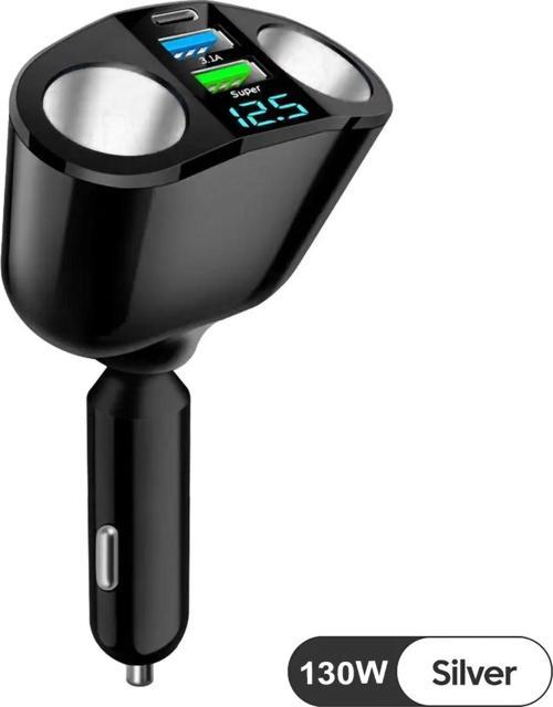 360 Derece 130W Siyah 2'li Çakmaklık USB ve Type C Soketli Araç Şarj Adaptörü - Süper Hızlı PD Şarj