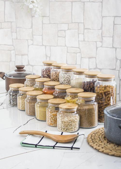 18 Li Set Bambu Kapaklı Cam Kavanoz & Erzak Saklama Kabı 6 X (1.3 LT 0.80 LT 0.50  LT ( Vakum Kapak )