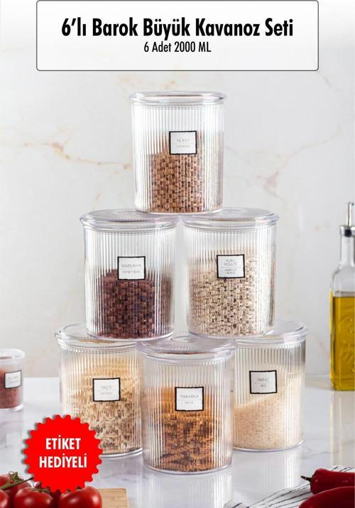 6'lı Barok Yuvarlak Büyük Kavanoz Seti & Saklama Kabı & Erzak Kabı (6*2000 ML)