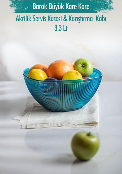 Akrilik Barok Aquamarin Büyük Kare Meyve & Salata Kasesi & Karıştırma Kabı / 3,3 Lt  (CAM DEĞİLDİR)