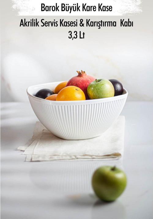 Akrilik Barok Beyaz Büyük Kare Meyve & Salata Kasesi & Karıştırma Kabı / 3,3 Lt  (CAM DEĞİLDİR)