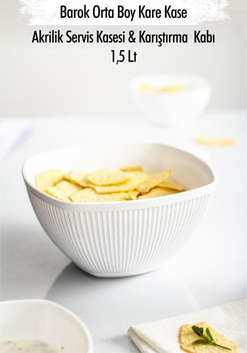 Akrilik Barok Beyaz Orta Boy Kare Meyve & Salata Kasesi & Karıştırma Kabı / 1,5 Lt  (CAM DEĞİLDİR)