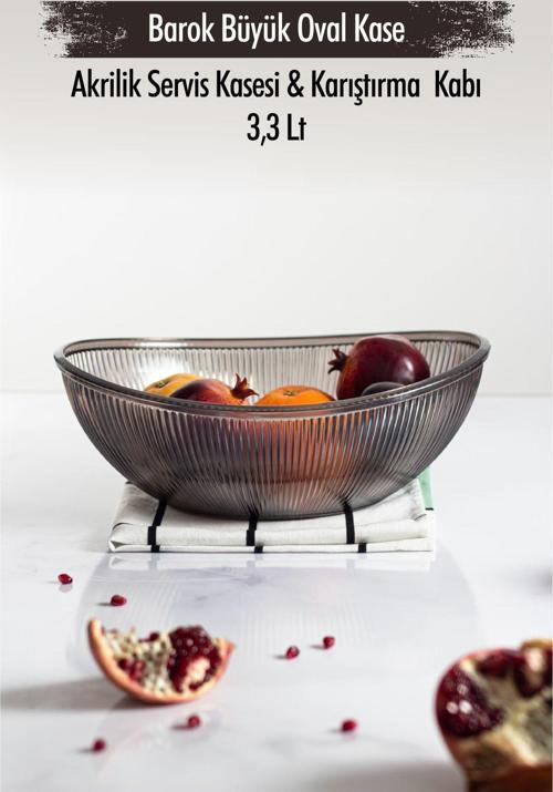 Akrilik Barok Füme Büyük Oval Meyve & Salata Kasesi & Karıştırma Kabı / 3,3 Lt  (CAM DEĞİLDİR)