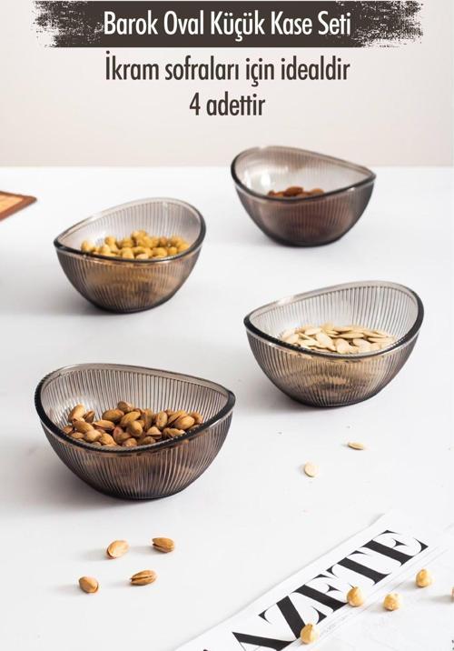 Akrilik Barok Füme Oval 4'lü Küçük Kase Seti & Çerezlik & Sunumluk & İkramlık (Cam Değildir)
