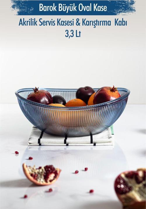 Akrilik Barok Lacivert Büyük Oval Meyve & Salata Kasesi & Karıştırma Kabı / 3,3 Lt  (CAM DEĞİLDİR)