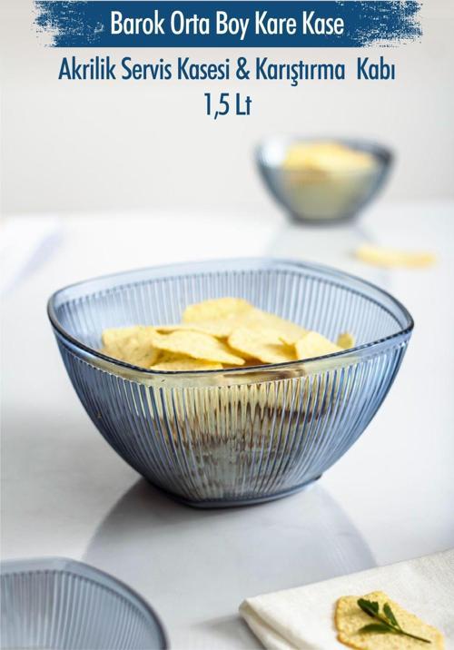 Akrilik Barok Lacivert Orta Boy Kare Meyve & Salata Kasesi & Karıştırma Kabı / 1,5 Lt  (CAM DEĞİLDİR)