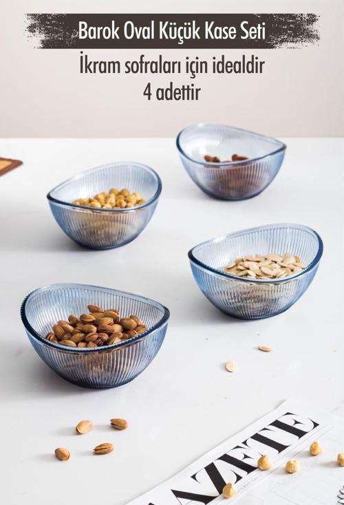 Akrilik Barok Lacivert Oval 4'lü Küçük Kase Seti & Çerezlik & Sunumluk & İkramlık (Cam Değildir)