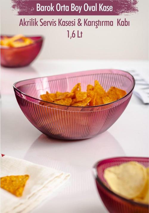 Akrilik Barok Mürdüm Orta Boy Oval Meyve & Salata Kasesi & Karıştırma Kabı / 1,6 Lt  (CAM DEĞİLDİR)