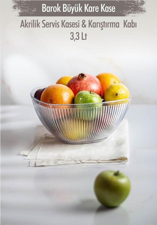 Akrilik Barok Şeffaf Büyük Kare Meyve & Salata Kasesi & Karıştırma Kabı / 3,3 Lt  (CAM DEĞİLDİR)