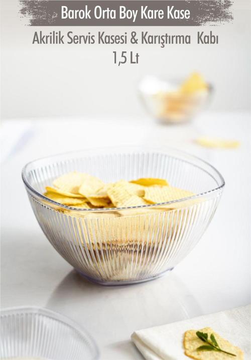 Akrilik Barok Şeffaf Orta Boy Kare Meyve & Salata Kasesi & Karıştırma Kabı / 1,5 Lt  (CAM DEĞİLDİR)