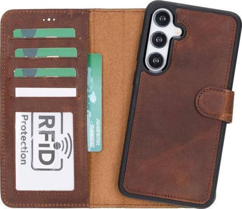 Samsung Galaxy S24 Uyumlu, Deri Cüzdanlı Kılıf, Antik Kahve